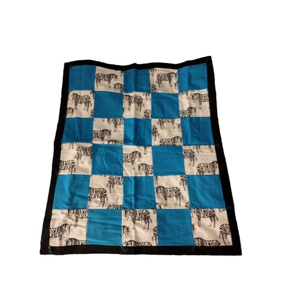 Handmade Zebra‎ and Blue Checked Baby Quilt with Zebra Backing - Picture 1 of 4